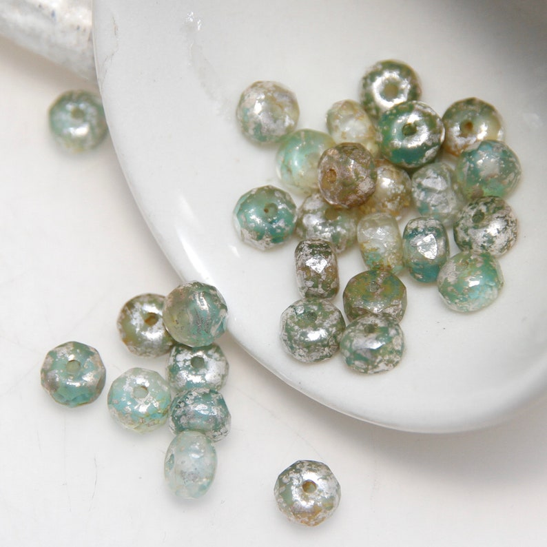 Czech Glass 5x3mm Rondelle Green and Beige with Silver Finish x 30pc image 3