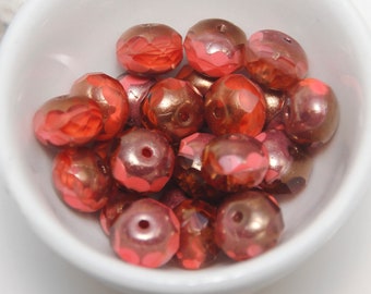 Czech Glass 6x9mm Faceted Rondelle Bright Coral Bronze x 10 Beads