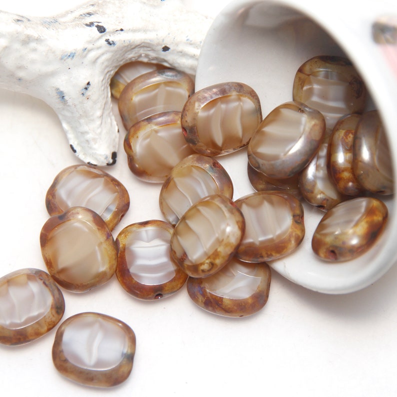 Czech Glass Bead 12x14mm Flat Oval Silky Pearl Brown Picasso x 6 beads image 3