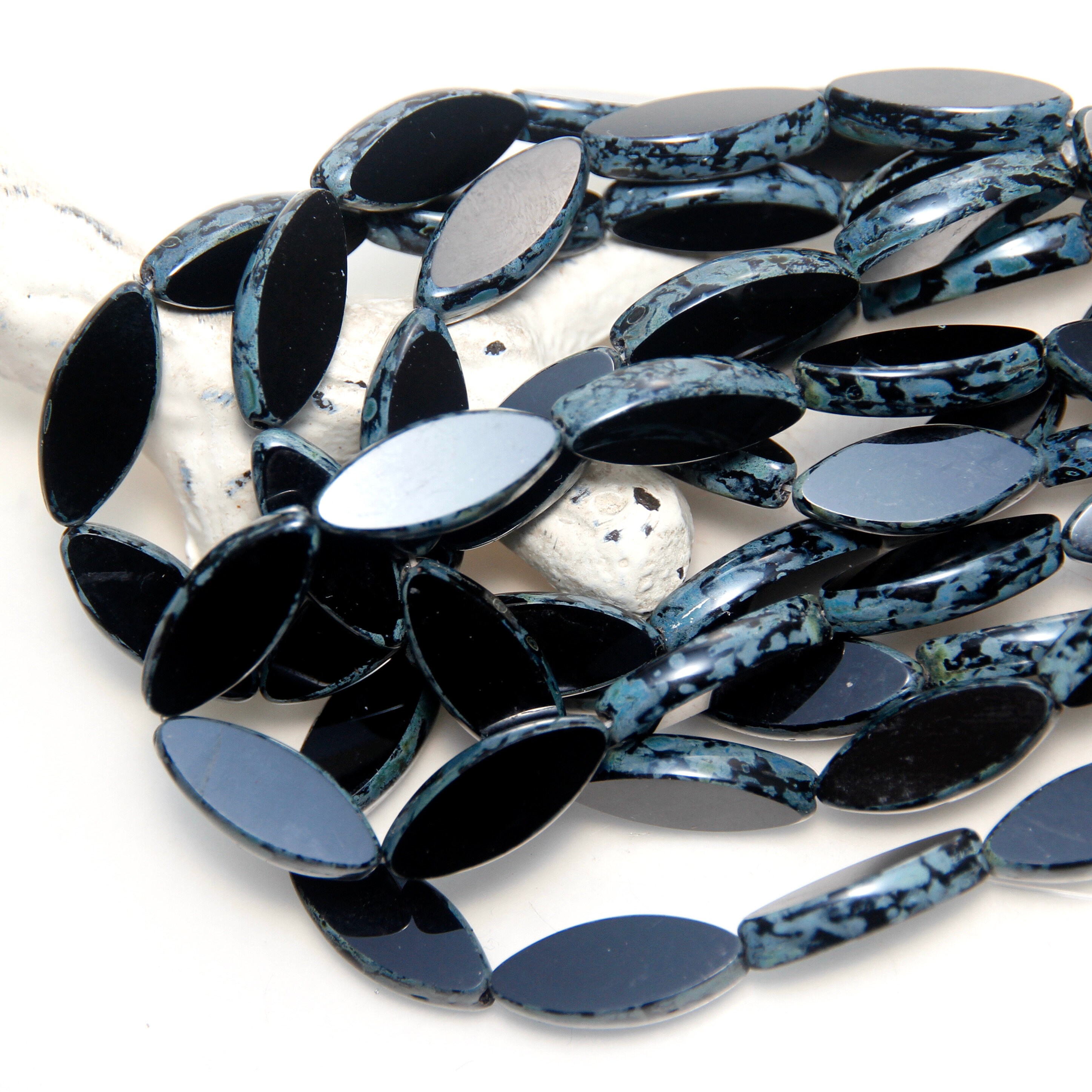 Czech Glass Spindle Jet Black Table Cut Oval Beads With