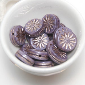 Czech Glass 12mm Flower Coin Beads in Opaque Purple with Platinum x 8pc image 3