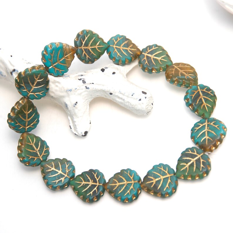 Czech Glass Matte Leaves Green Turquoise Amber Mix with Gold Finish x 6 Beads image 2