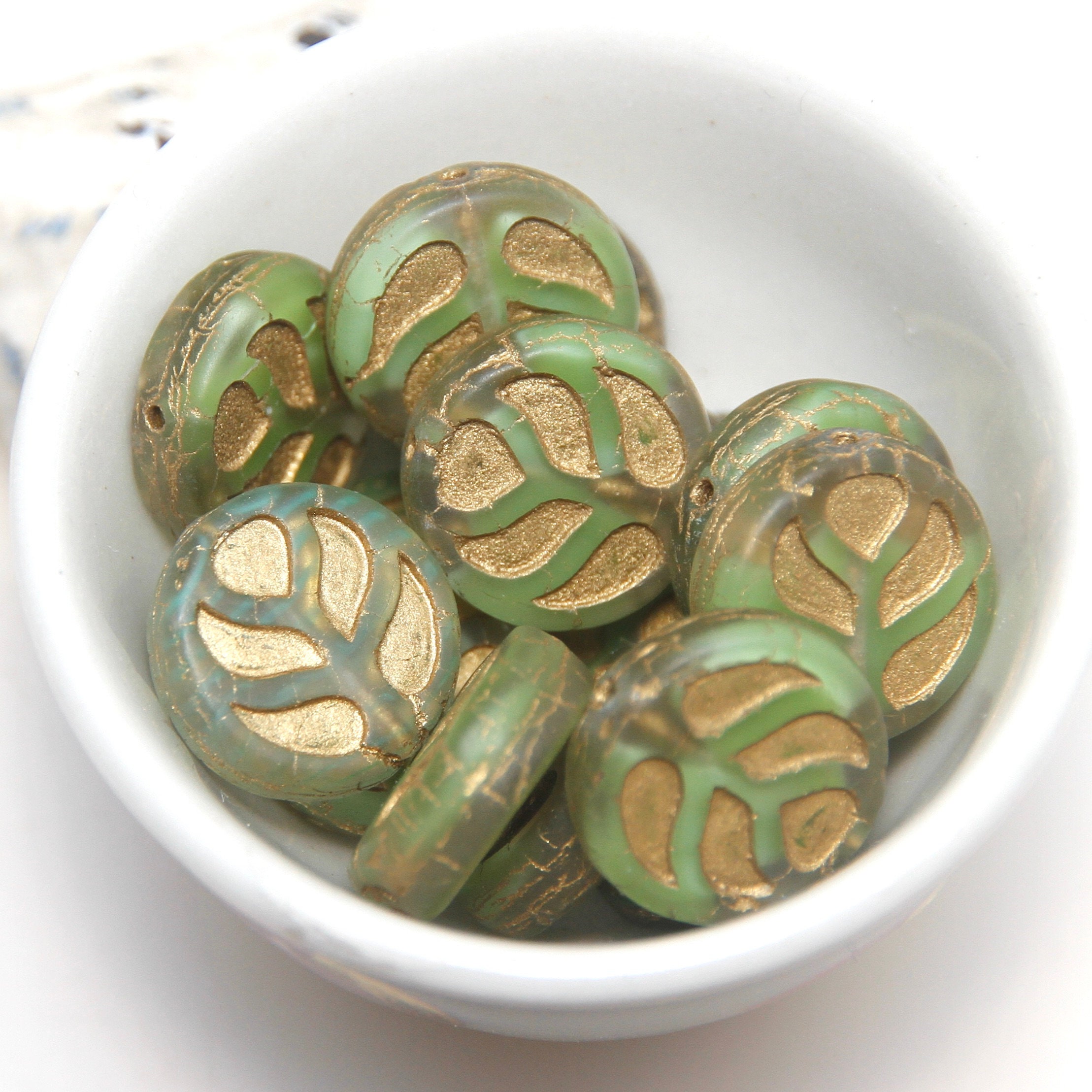 12x7mm Green Leaf Beads Golden Inlays Czech Glass Pressed Leaves