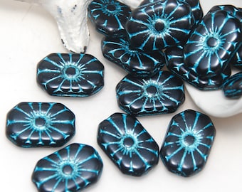 Czech Glass 20mm x 14mm Pressed Black and Blue Flower Beads in a Flat Geo Shape x 3 Beads