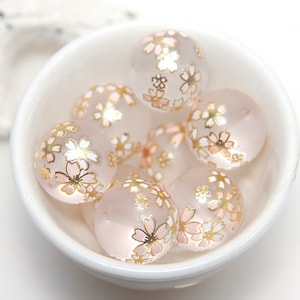 14mm Round with Gold Peach and White Flowers on Etched Transparent Glass x 1 Bead