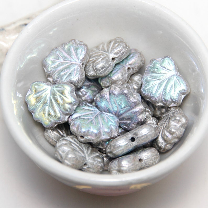 Platinum Silver with AB Rainbow Coat Czech Glass Maple Leaf Beads x 5pc image 2