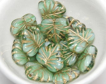 Transparent Green and Opaque Blend with Gold Wash Czech Glass Maple Leaf Beads x 5pc