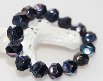 Czech Glass 9mm Jet Black with Rainbow Finish Central Cut 10 x Beads