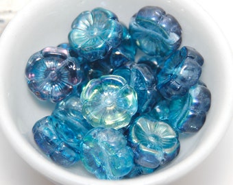 Czech Glass 12mm Hibiscus Flower Blue Lustre Mix x 10 Beads