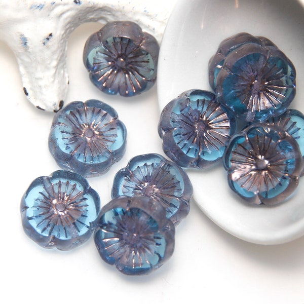 10 Pacific Blue Picasso Czech Glass Flower Beads – 14mm – Made In Czech Republic