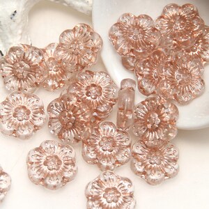 Czech Glass 14mm Wild Rose Flower Transparent Rosaline with Copper Wash x 6 Beads