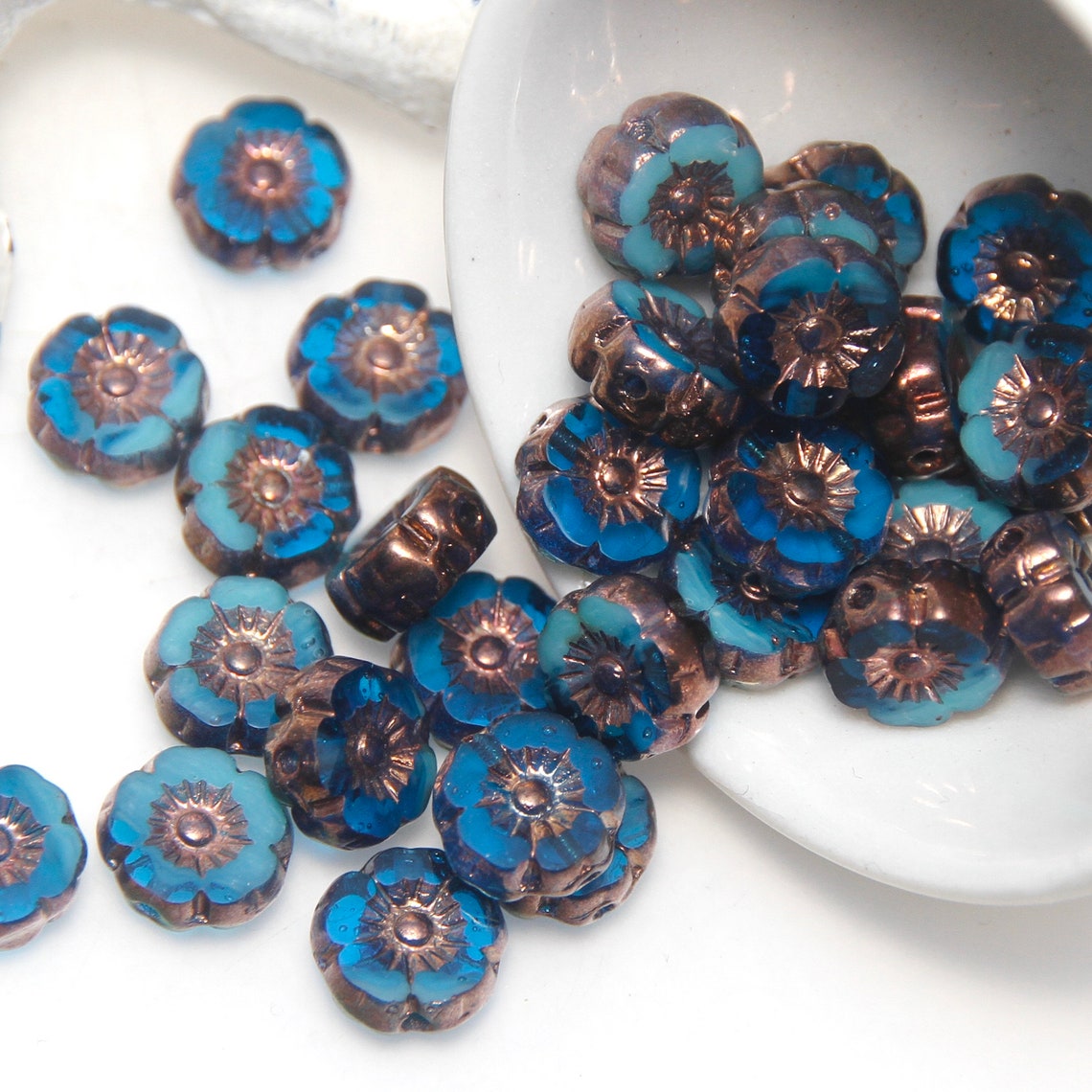 10 Czech Glass 9mm Hibiscus Flower Two Tone Blue Trans Opaque - Etsy ...