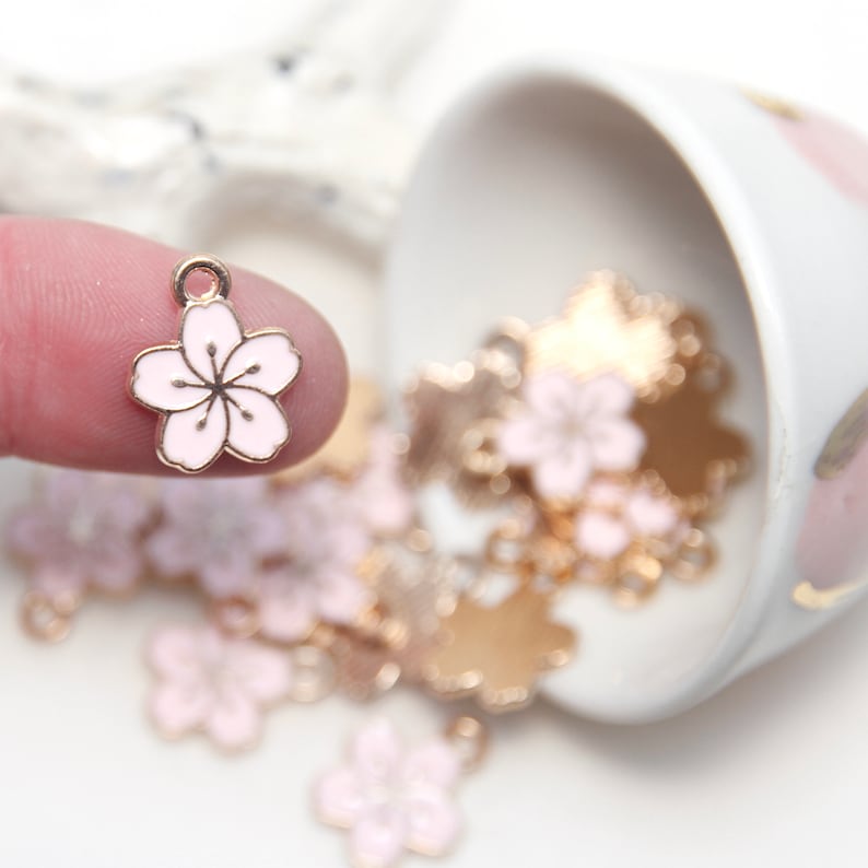 Pink Sakura Blossom Flower Enamel Charms Light Gold Plated x 2 charms image 2