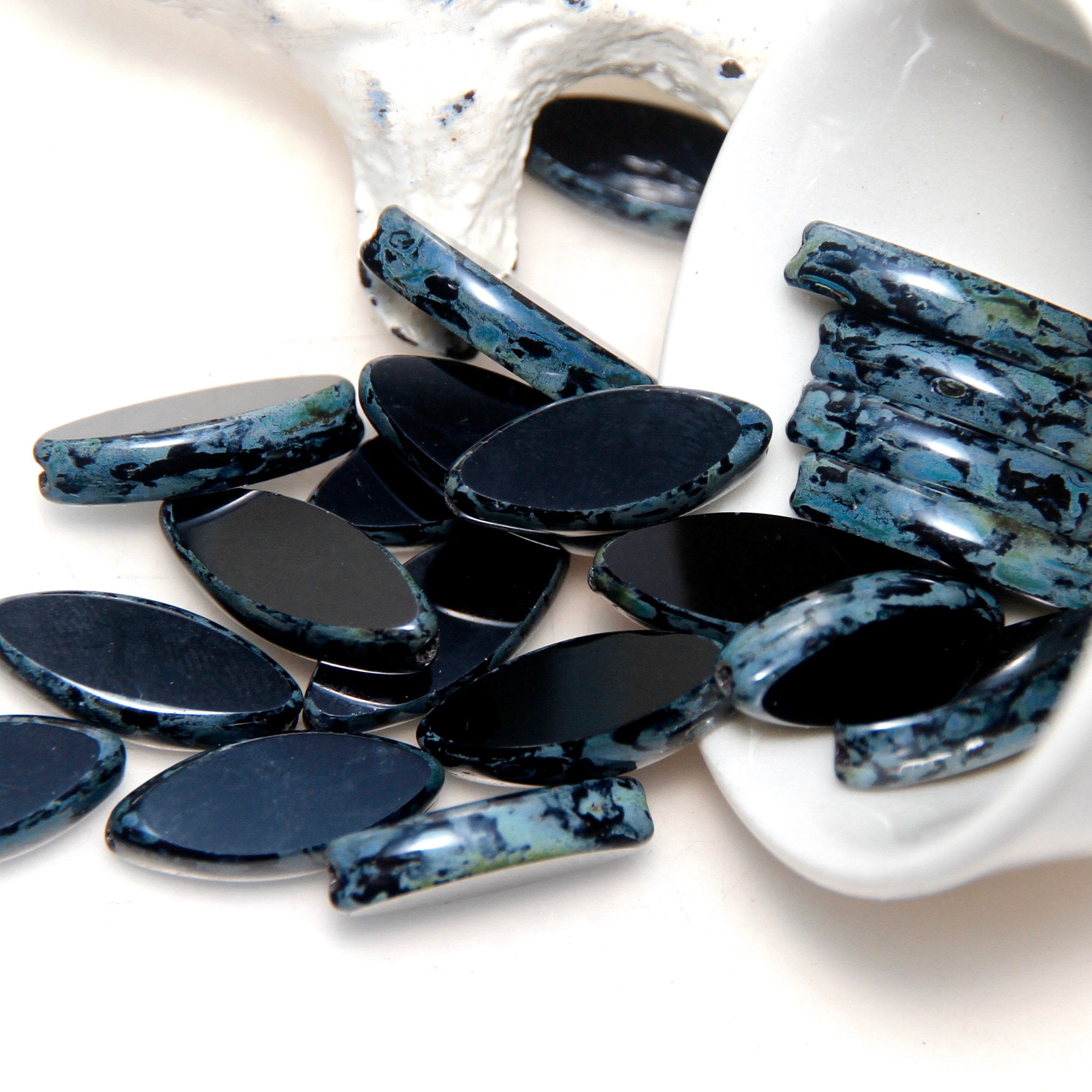 Czech Glass Spindle Jet Black Table Cut Oval Beads With