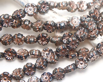 Czech Glass Bead 10mm Hibiscus Flower Dark Sage with Copper Wash x 5 Beads