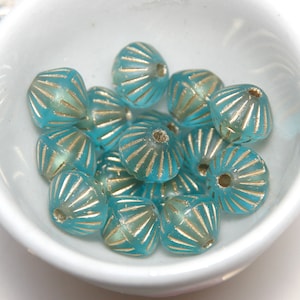 9mm African Bicone Gold and Sky Blue Etched Czech Glass x 8 Beads