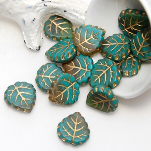 Czech Glass Matte Leaves Green Turquoise Amber Mix with Gold Finish x 6 Beads image 3