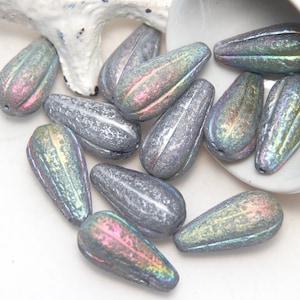 Czech Glass Melon Drop Antique Silver with AB and Etched Finish 22mm x 2 Beads