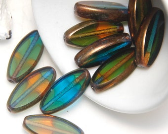 Czech Glass Spindle Teal, Amber, Green Table Cut Oval Beads with Bronze Finish x 6