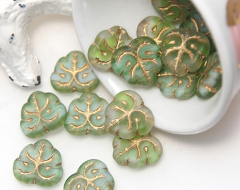 Czech Glass Matte Green with Gold Leaves x 6 Beads