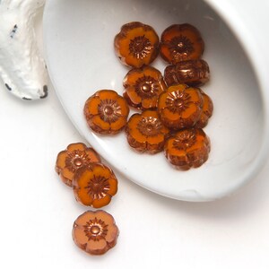 Czech Glass 9mm Hibiscus Flower Orange Opaline with Bronze finish x 4 beads