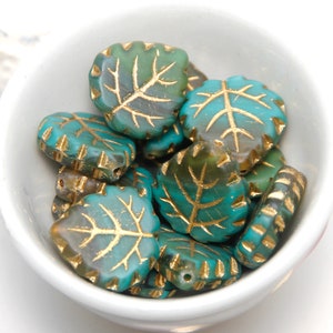 Czech Glass Matte Leaves Green Turquoise Amber Mix with Gold Finish x 6 Beads image 1