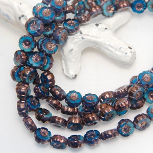 Czech Glass 9mm Hibiscus Flower Two Tone Blue Trans Opaque x 6 Beads