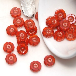 Czech Glass 7mm Hibiscus Flower Bright Streaky Orange with Copper Wash x 6pc