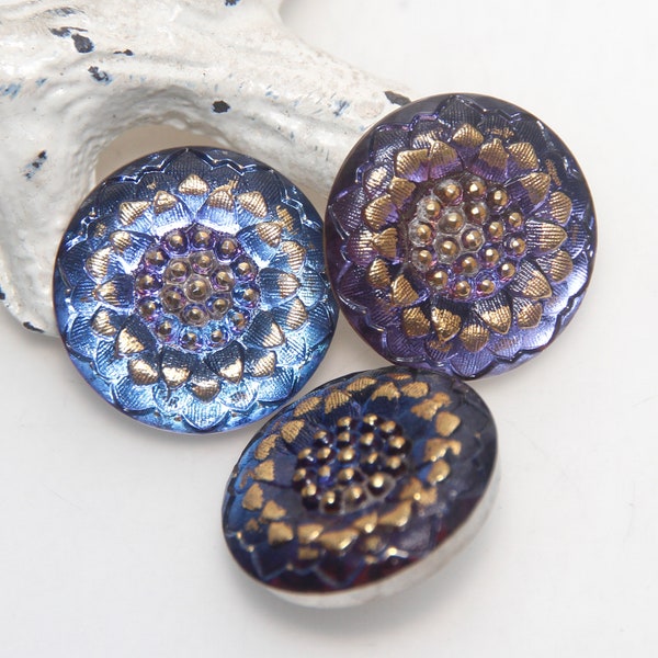 Czech Glass Button 22mm Round Purple Blue Gold Shiny Flower