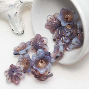 Czech Glass 14x6mm Wide Bell Flower Lavender Amethyst Opaline Mix with Dark Bronze Wash x 5 Beads