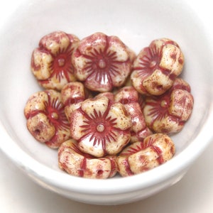 Czech Glass 12mm Hibiscus Flower Honey Beige with Picasso Finish and Red Wash x 5 Beads image 2