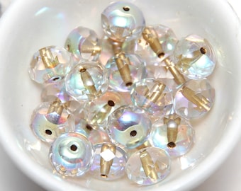 Gold Lined Crystal Clear Rainbow AB 6x8mm Faceted Czech Glass x 8 Beads