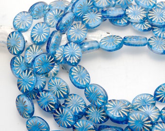 Czech Glass 14mm Starburst Gold and Blue Pressed Oval x 10 Beads