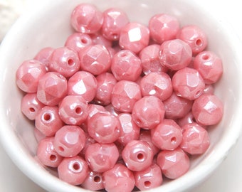 Pastel Pink with Shiny Lustre Finish 6mm Fire Polished Crystal x 15 Beads