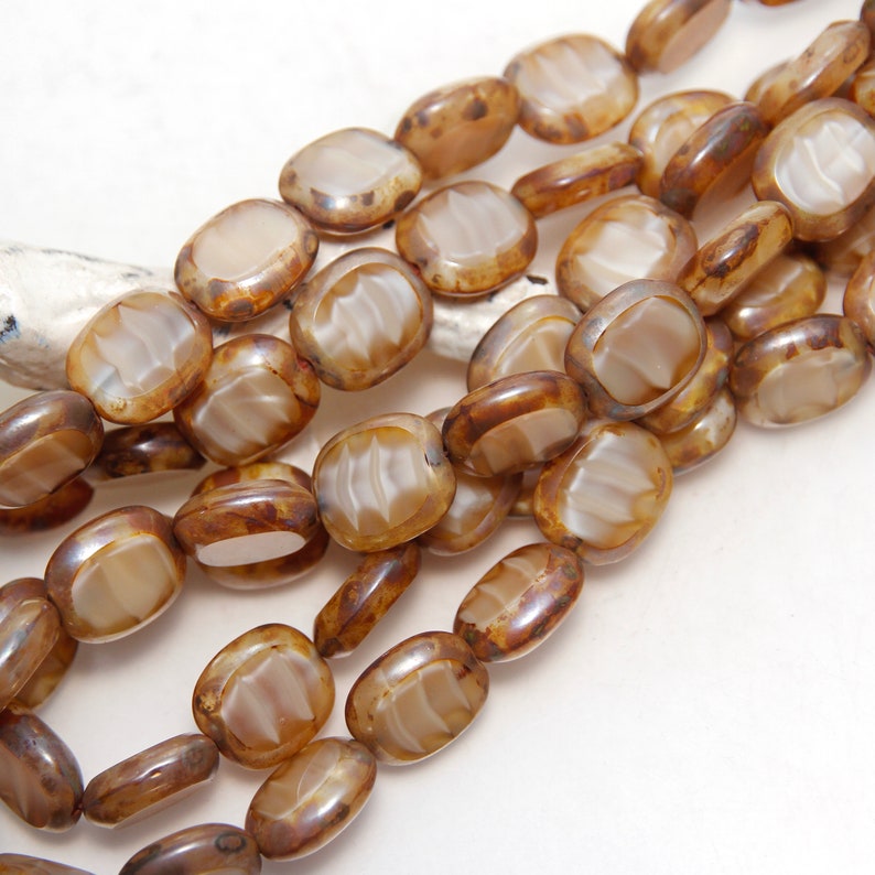 Czech Glass Bead 12x14mm Flat Oval Silky Pearl Brown Picasso x 6 beads image 1