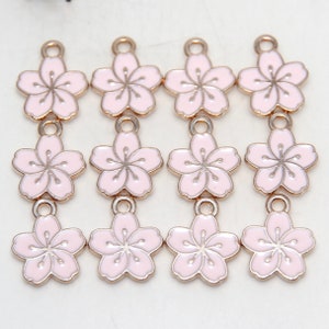 Pink Sakura Blossom Flower Enamel Charms Light Gold Plated x 2 charms image 3