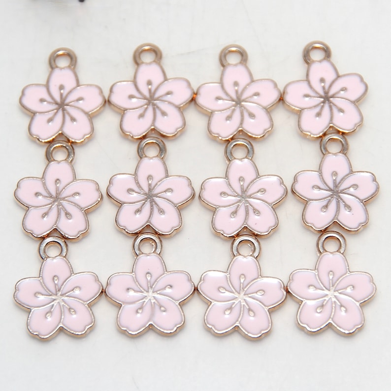 Pink Sakura Blossom Flower Enamel Charms Light Gold Plated x 2 charms image 3