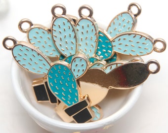 Prickly Pear Cactus Enamel Charm Turquoise and Teal Light Gold Plated x 1 Charm