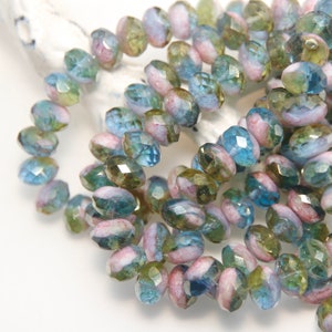 Czech Glass 9x6mm Rondelle Pink Blue Olive Mix with Marble Lustre Finish x 10 beads image 4