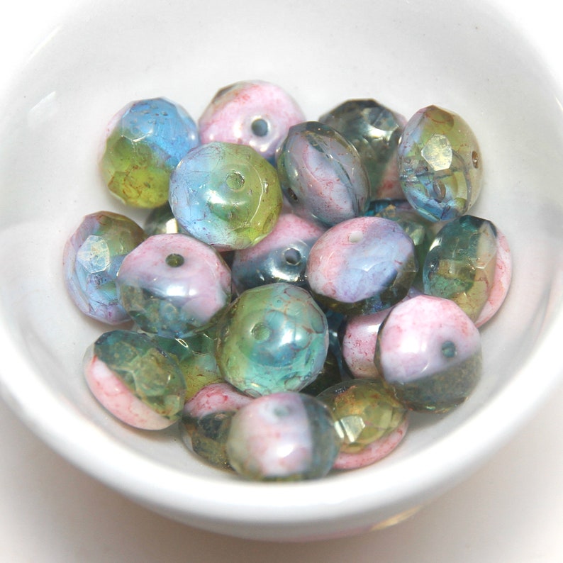 Czech Glass 9x6mm Rondelle Pink Blue Olive Mix with Marble Lustre Finish x 10 beads image 2