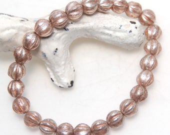 Czech Glass 6mm Melon Peach with Silver Finish and Copper Wash x 15 Beads