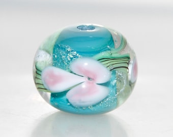 Teal Green with Pink Flowers Encased Lampwork Glass Bead