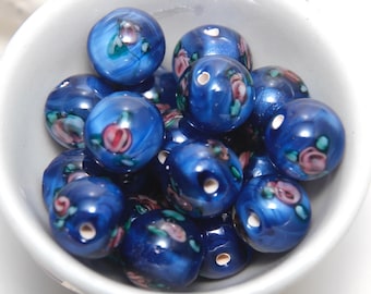 Dark Blue with Pink Flowers Czech Glass Lampwork 10mm Round Bead