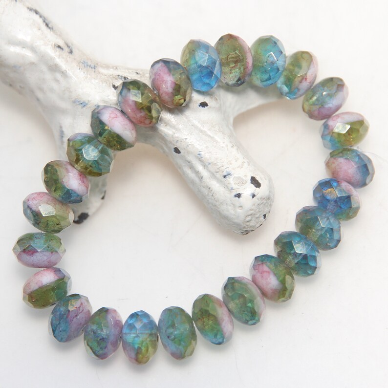 Czech Glass 9x6mm Rondelle Pink Blue Olive Mix with Marble Lustre Finish x 10 beads image 1