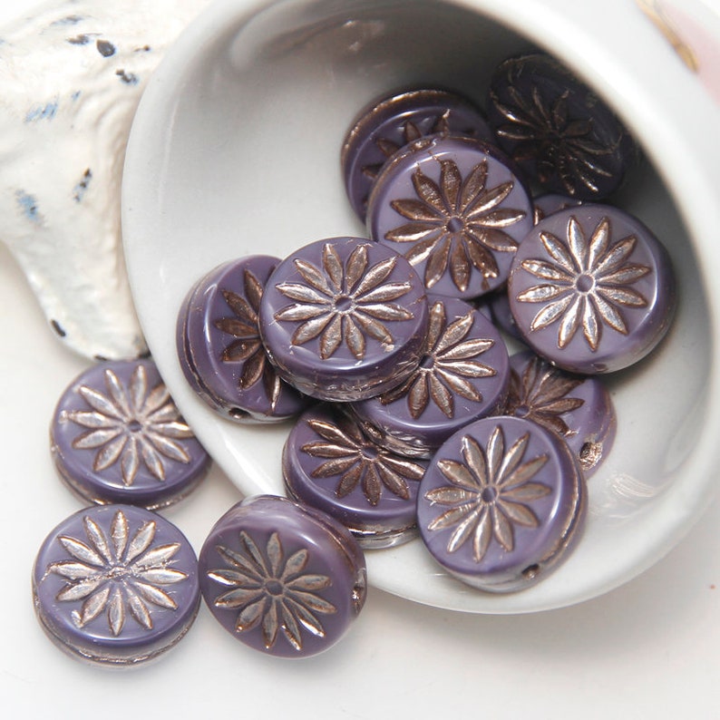 Czech Glass 12mm Flower Coin Beads in Opaque Purple with Platinum x 8pc image 1