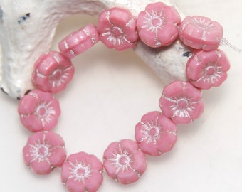 Czech Glass 7mm Hibiscus Flower Pink Silver Wash x 6pc