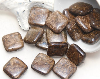 Bronzite Semi Precious Flat Square Beads 14mm Qty x 5