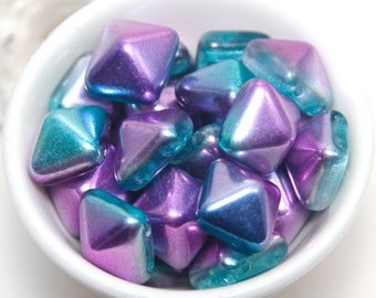 2 Hole Diamonds Purple and Aqua Blue Metallic 12mm Czech Glass x 10 Beads