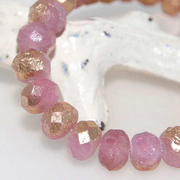 Czech Glass 9x6mm Rondelle Opaline Pink with Etched Gold finish x 10 Beads