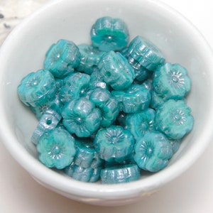 Czech Glass 8mm Hibiscus Flower Opaque Turquoise with Shiny Lustre x 8 Beads
